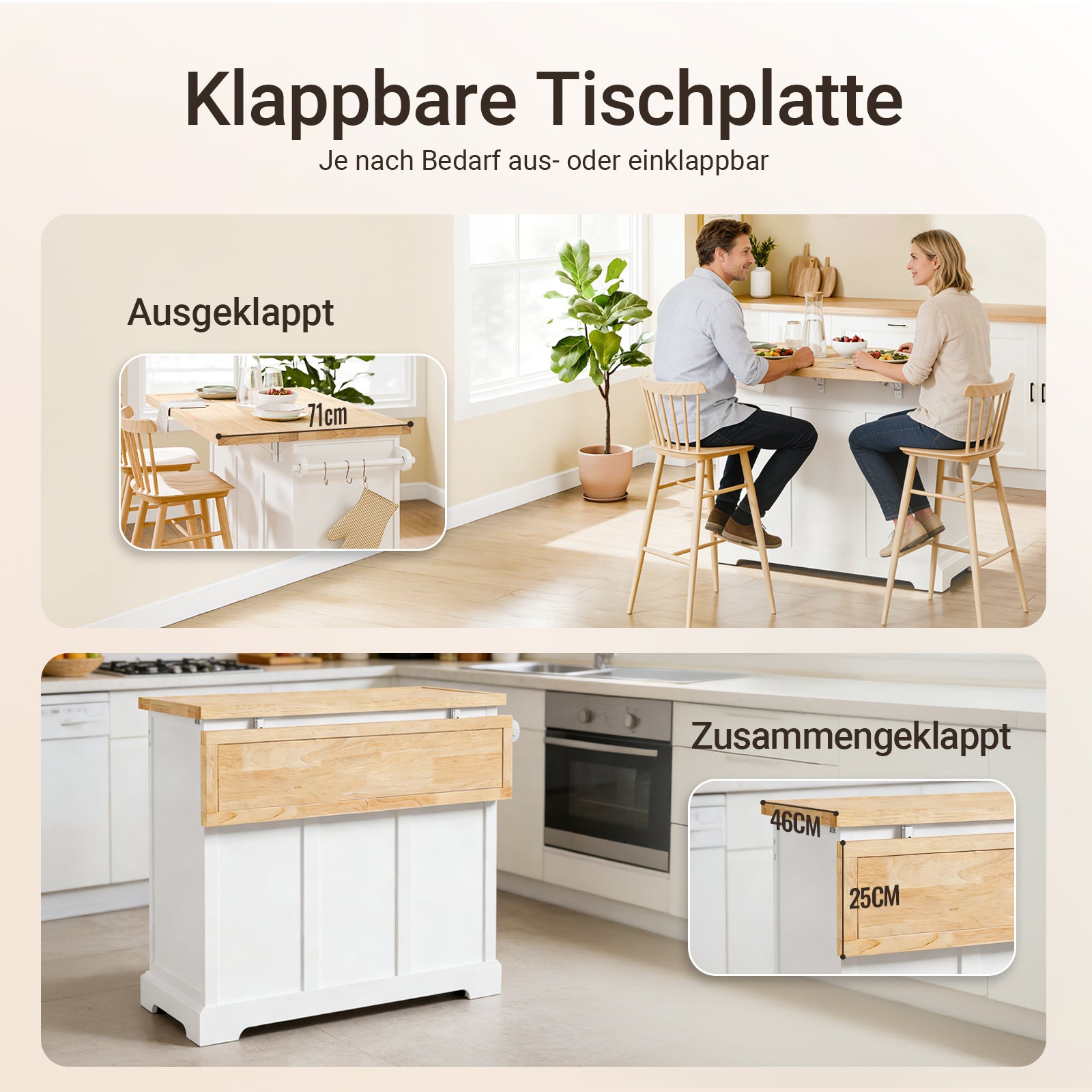 SoBuy Kücheninsel mit Rollen Küchenwagen mit ausziehbarer Arbeitsplatte Weiß 115x92x(46-71) cm FKW71-III-WN