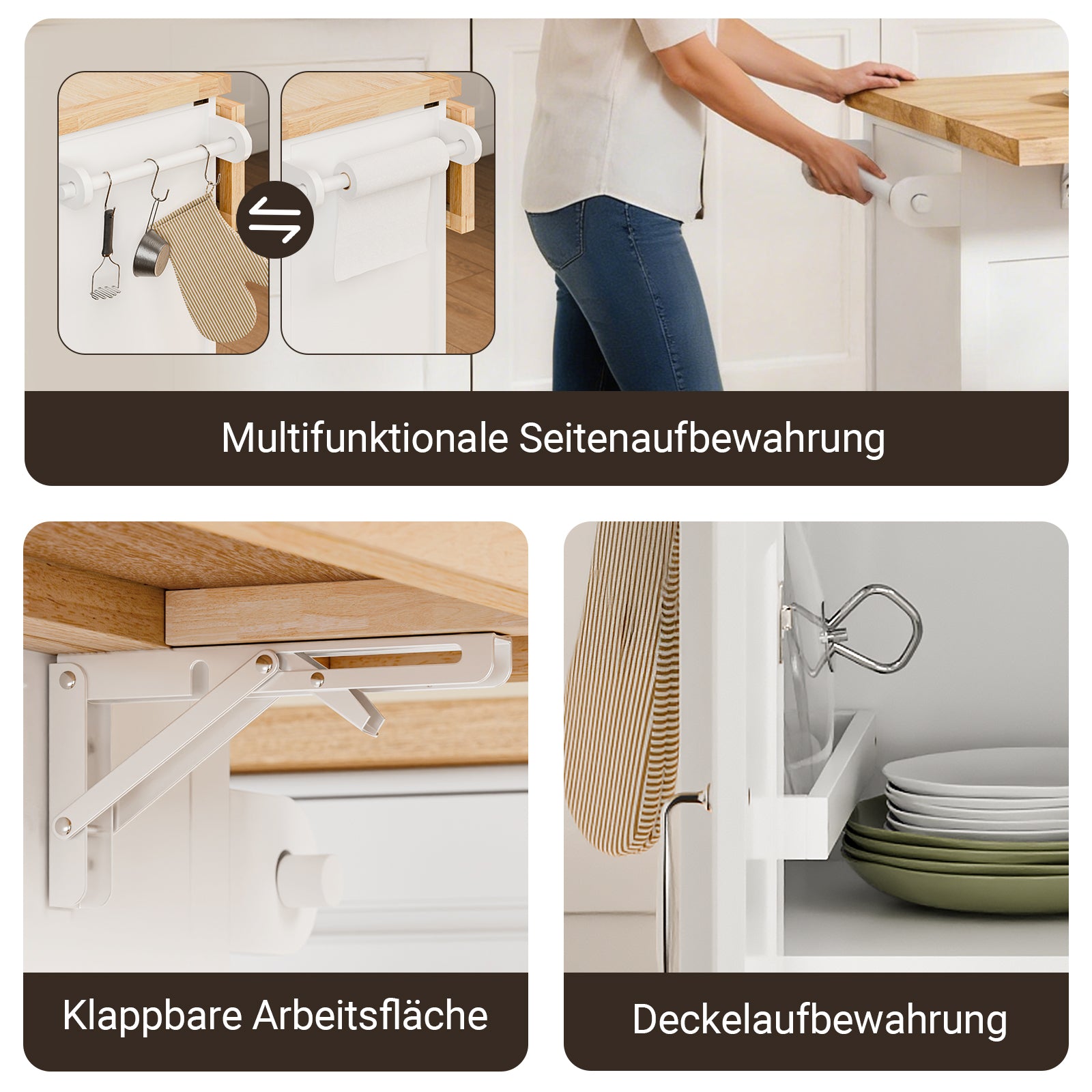 SoBuy Kücheninsel mit Rollen Küchenwagen mit ausziehbarer Arbeitsplatte Weiß 115x92x(46-71) cm FKW71-III-WN