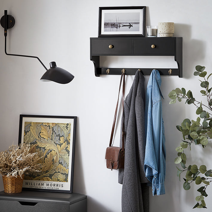 SoBuy | Wandgarderobe | Hängeregal mit Schubladen und 5 Haken | Schwarz | FRG178-SCH