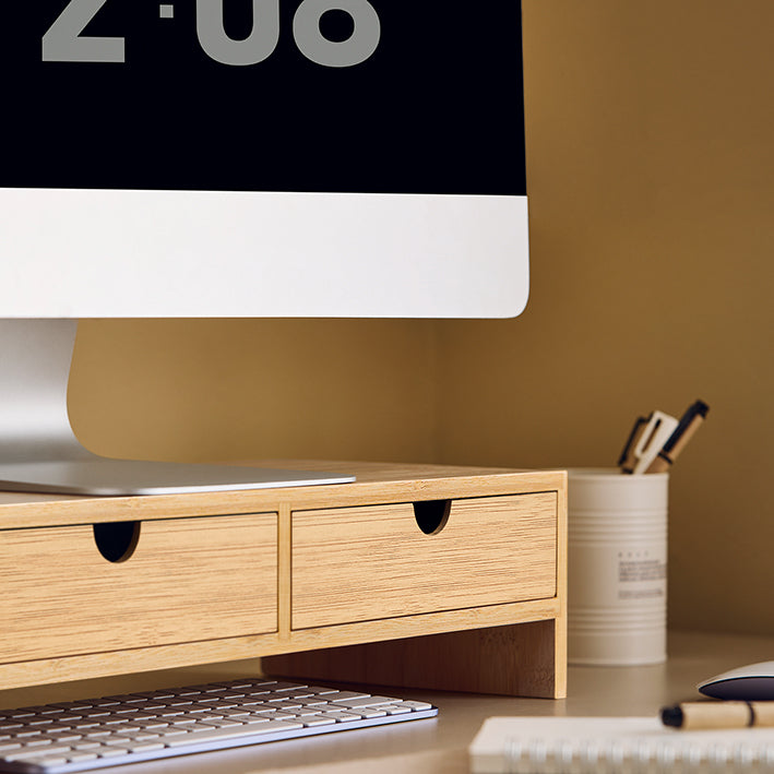 SoBuy | Monitorerhöhung | Monitorständer mit Schubladen | Bambus | FRG198-N