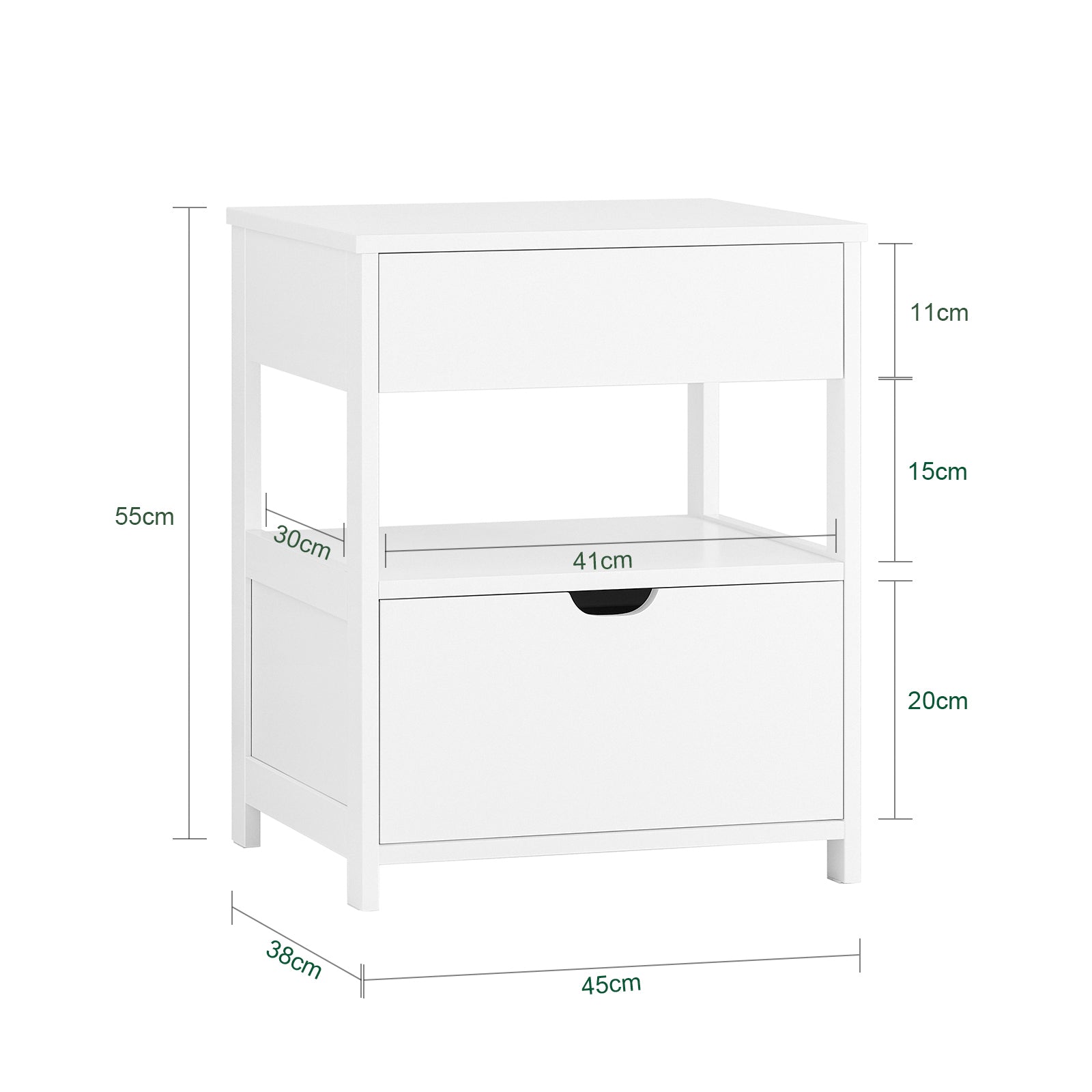SoBuy Beistelltisch Nachttisch mit 2 Schubladen Nachtschrank Weiß 45x55x38cm FRG258-II-W