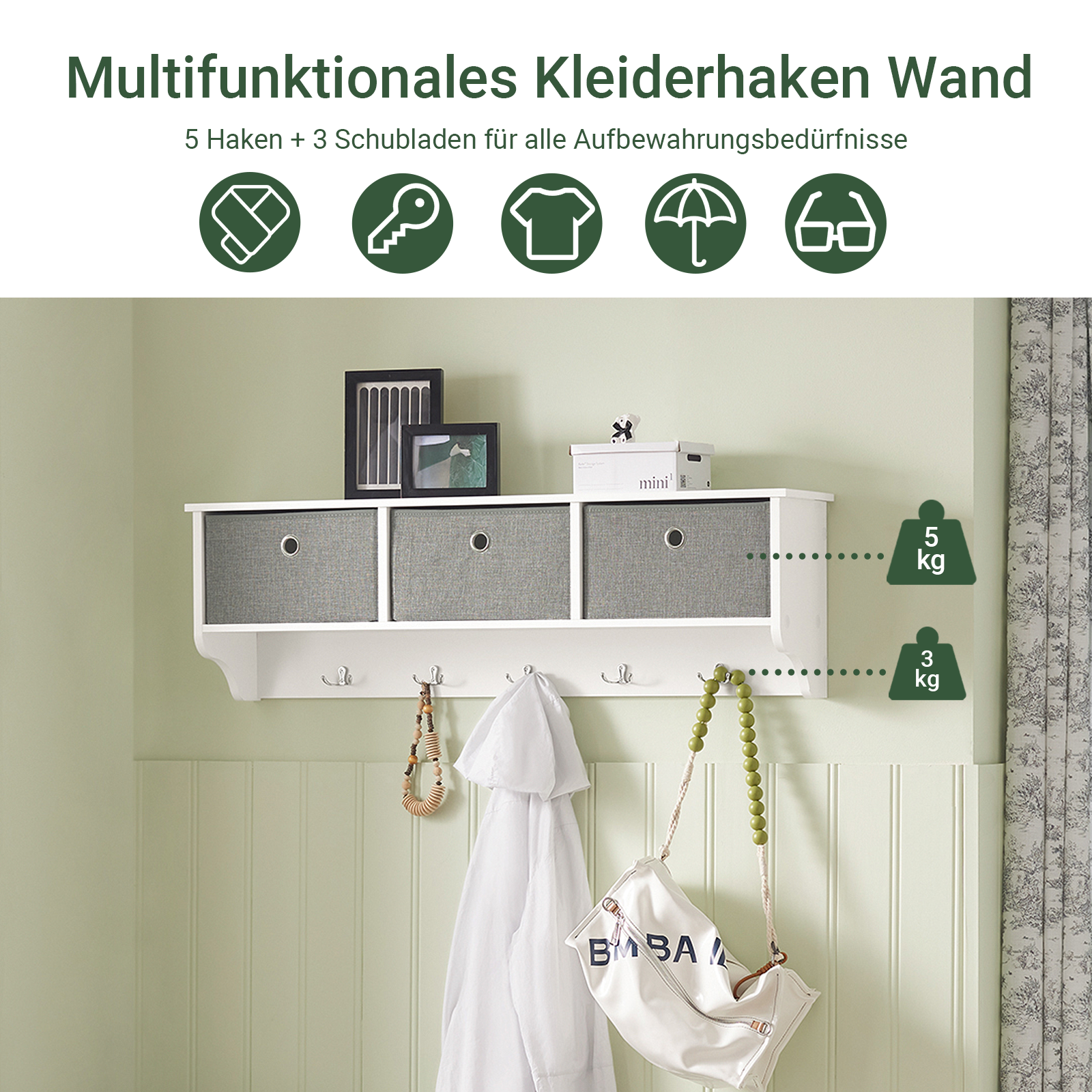 SoBuy | Wandgarderobe | Kleiderhaken | Flurgarderobe Weiß-Hellgrau | FRG282-W