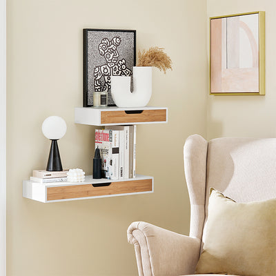 SoBuy | 2er Set Schweberegal Weiß | Hängeschublade | Wandschublade Bambus | FRG92-WNx2