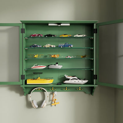 SoBuy | Sammelvitrine | Schmale Hängevitrine aus Bambus & MDF | Dunkelgrün | FSB114-E-SY
