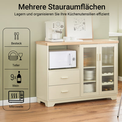 SoBuy Küchenschrank Buffet Kommode mit Glastüren & Schubladen Sideboard mit 120 cm Arbeitsplatte, Mikrowellenfach & Weinregal Küchenmöbel für Wohnzimmer & Esszimmer Beige 120x90x40cm FSB81-MI –