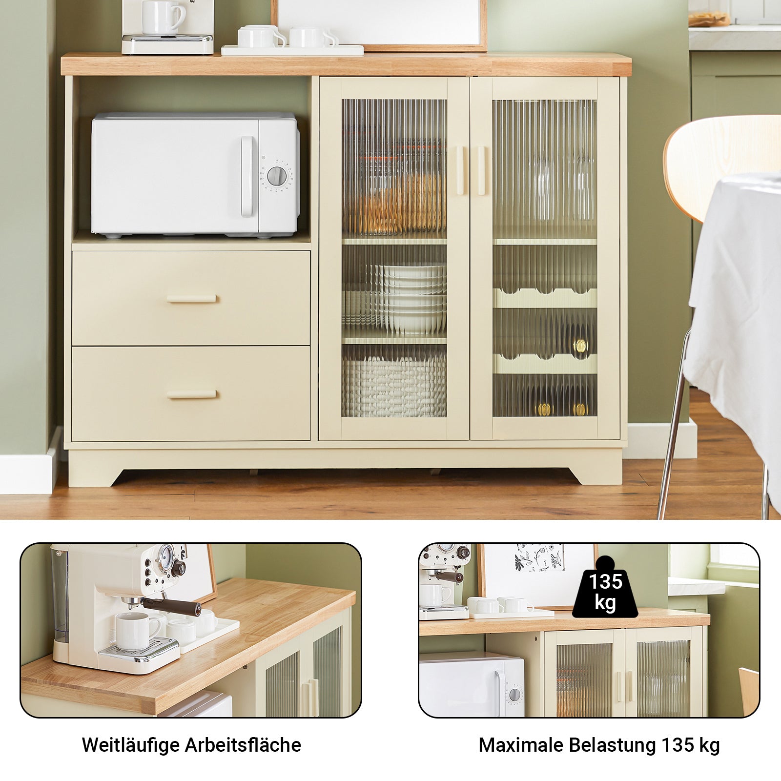 SoBuy | Sideboard mit 2 Glastüren | Küchenschrank | Kommode | Beige | FSB81-MI