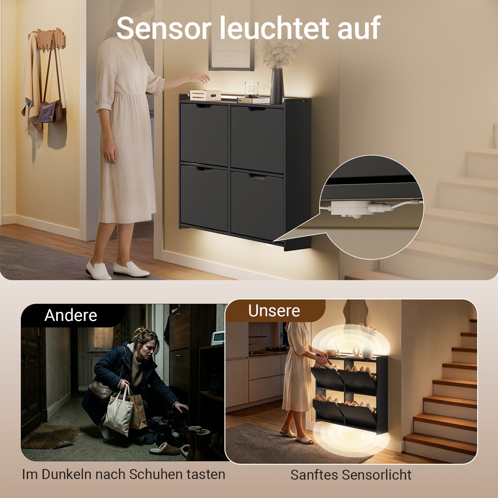 SoBuy | Schuhschrank Schmal Hängend mit Sensorlicht und 19 cm Tiefe | Schwarz | FSR100-E-SCH
