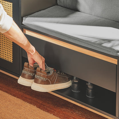 SoBuy | Schuhbank mit Gitteroptik | Sitzbank | Schuhregal | Sitzkommode Kinder | Schwarz-Natur | FSR128-SCH