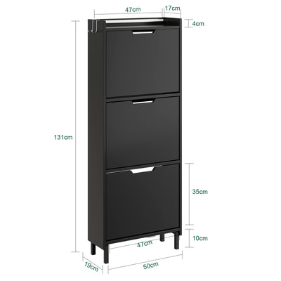 SoBuy Schuhschrank mit 3 Klappen + LED Schuhschrank schmal Sensorlicht 19 cm Tiefe Schwarz 50x19x131 cm