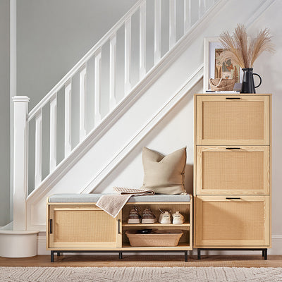 SoBuy | Schuhbank mit Sitzfläche | Dielenbank mit Schiebetüren | Schuhschrank | Sitzbank | Natur | FSR154-N