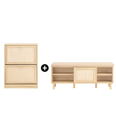 SoBuy | Schuhkipper-Set | Schuhbank mit Sitz & Schuhschrank mit 2 Klappen | Natur | FSR163-N+FSR160-N