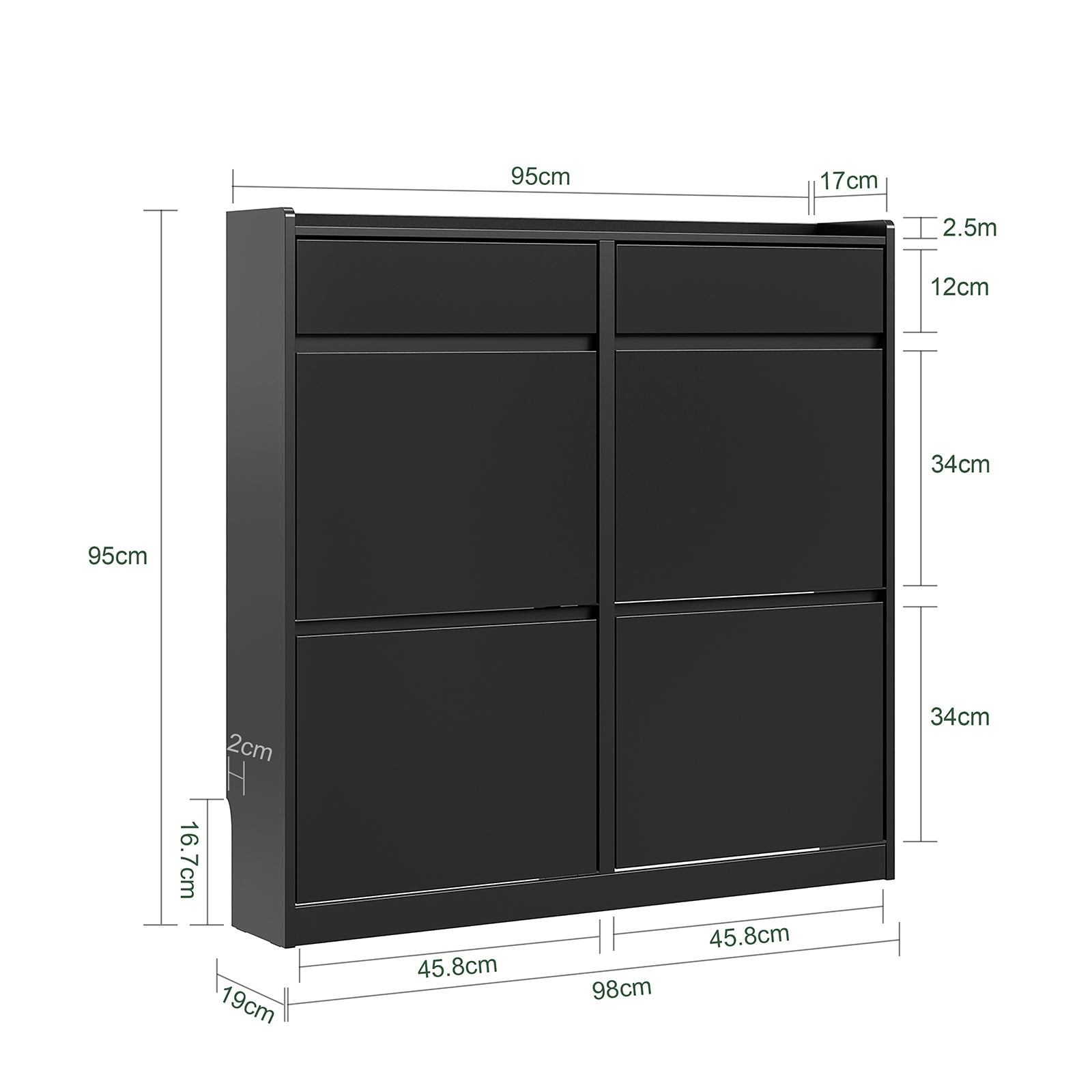 SoBuy Schuhkipper schmal 4 Klappen & 2 Schubladen Schwarz 98×19×95 cm FSR169-SCH