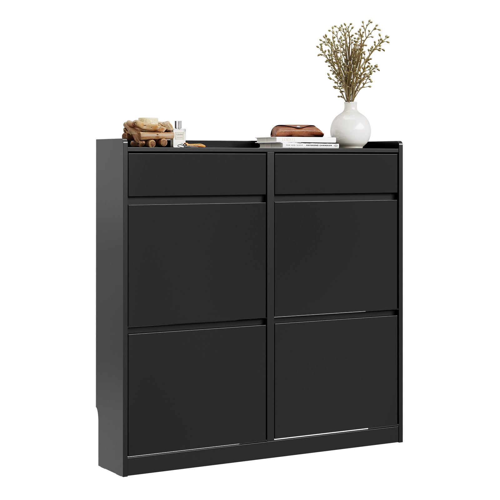 SoBuy Schuhkipper schmal 4 Klappen & 2 Schubladen Schwarz 98×19×95 cm FSR169-SCH