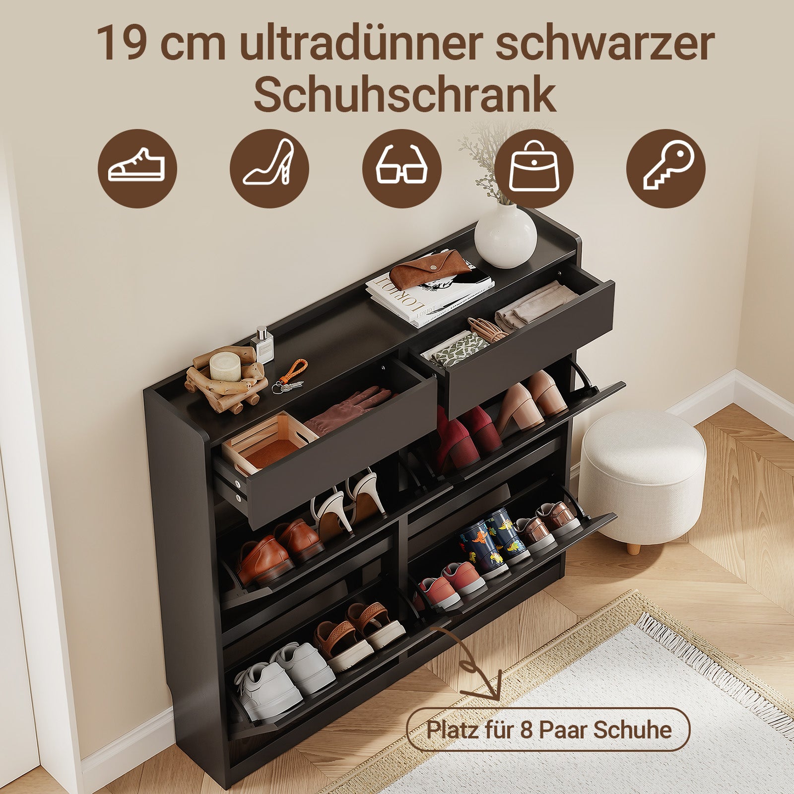 SoBuy Schuhkipper schmal 4 Klappen & 2 Schubladen Schwarz 98×19×95 cm FSR169-SCH