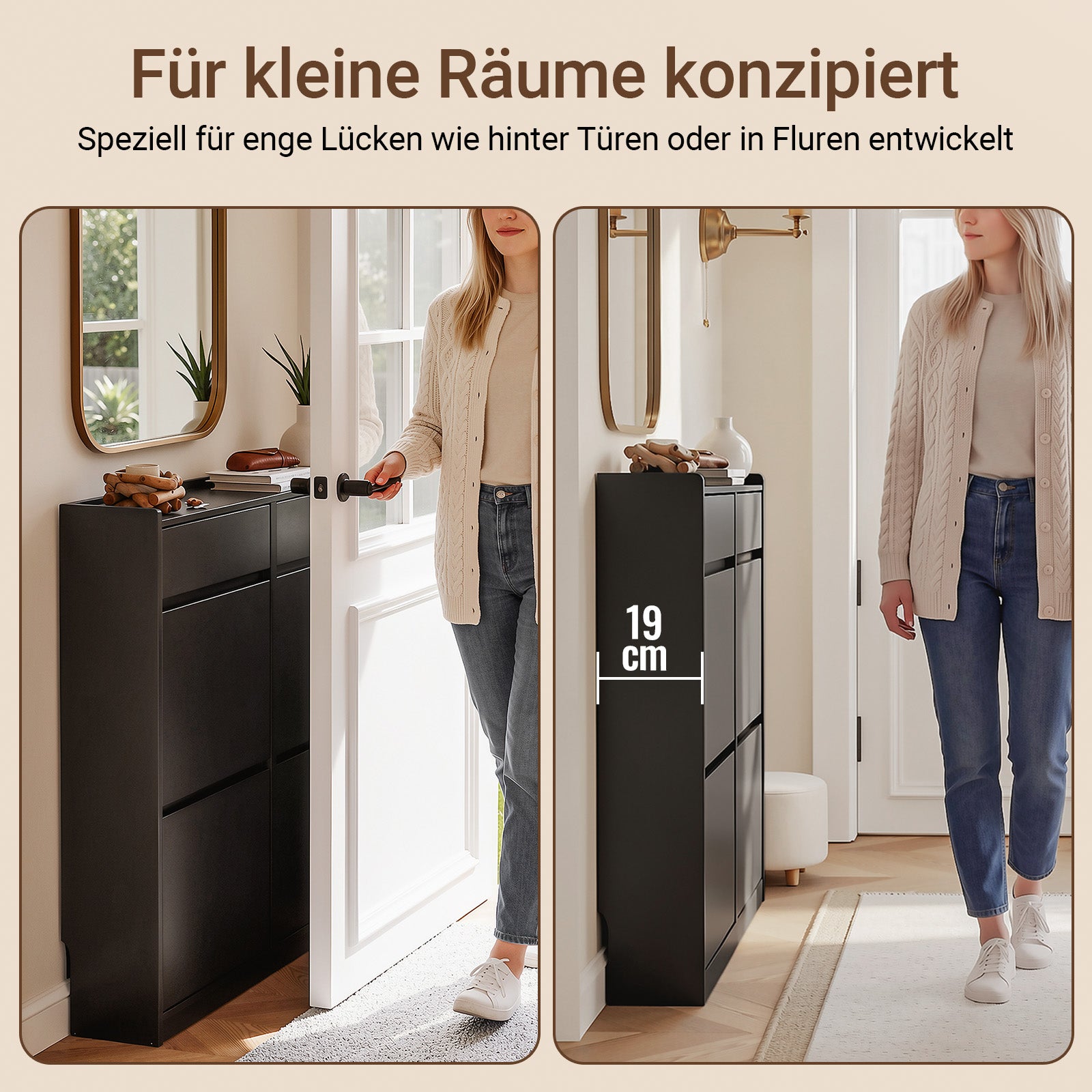 SoBuy Schuhkipper schmal 4 Klappen & 2 Schubladen Schwarz 98×19×95 cm FSR169-SCH