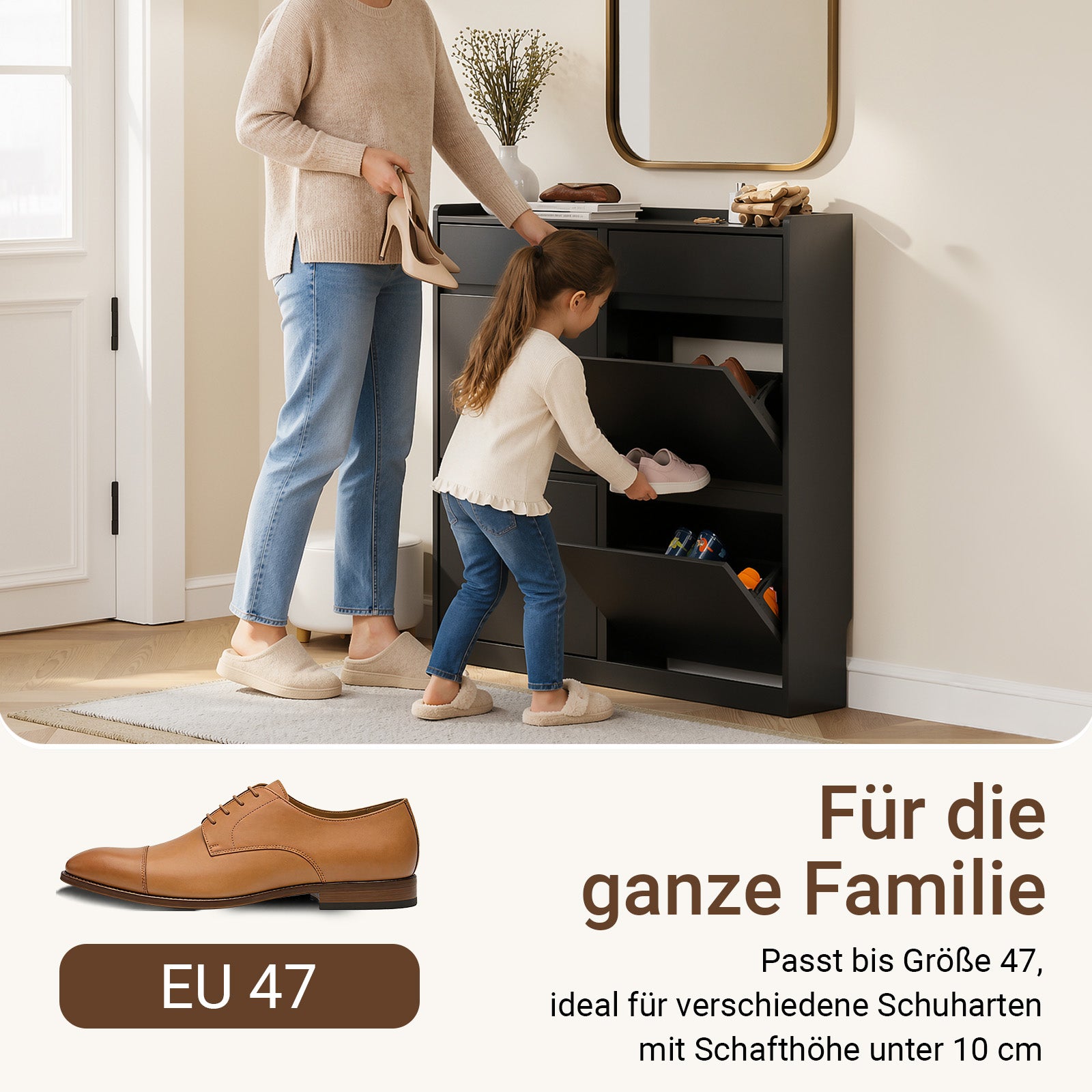 SoBuy Schuhkipper Schmaler mit 4 Klappen und 2 Schubladen für Flur Schwarz FSR169-SCH