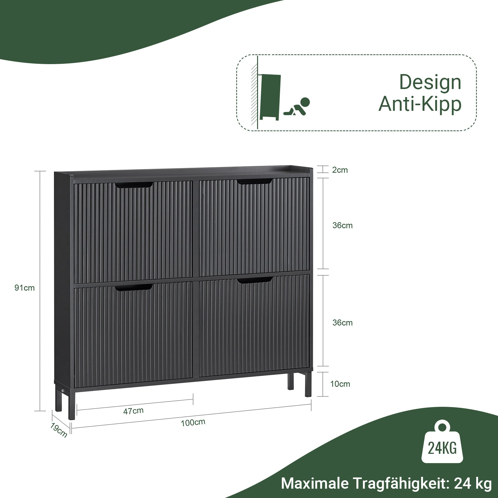 SoBuy | Schuhkipper mit 4 Klappen | Schuhschrank schmal | Schwarz | FSR177-L-SCH