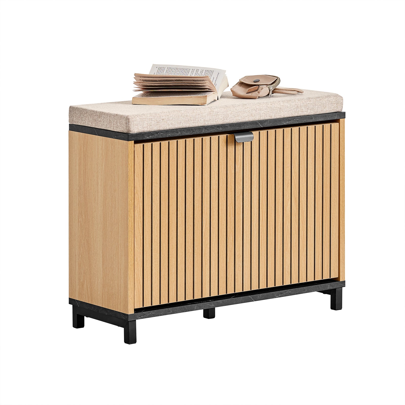 SoBuy | Schuhbank Sitzbank | Schuhregal Schmal | mit Stauraum | Klappfach | Marmor Schwarz | FSR201-N