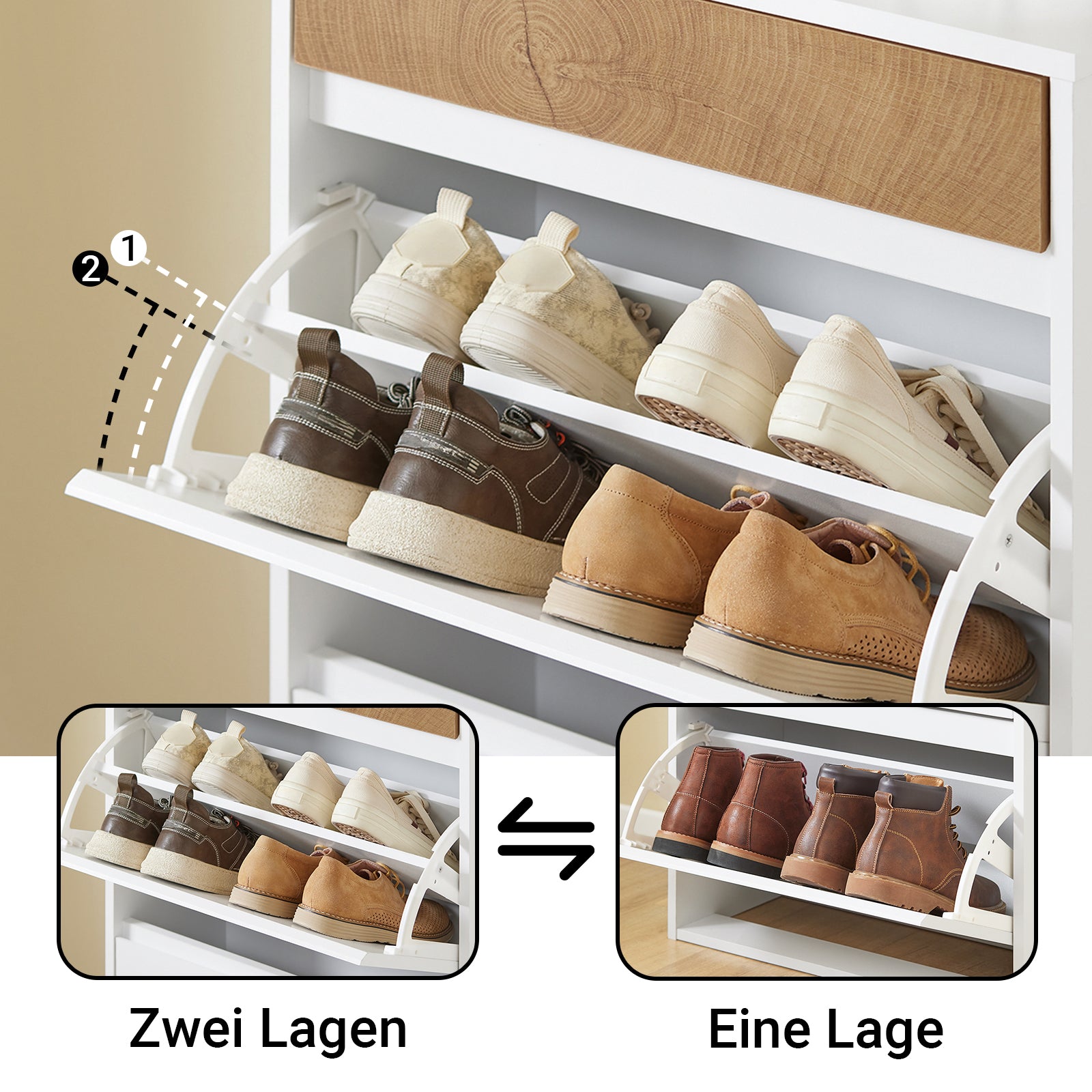 SoBuy | Schuhkipper mit 2 Klappen und 1 Schublade | Schuhschrank | Schuhregal | Weiß | FSR205-WN