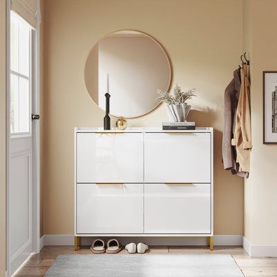 SoBuy | Schuhkipper Schmal | Schuhschrank | mit 4 Klappen | Hochglanz Weiß mit Goldgriffen | FSR206-GW