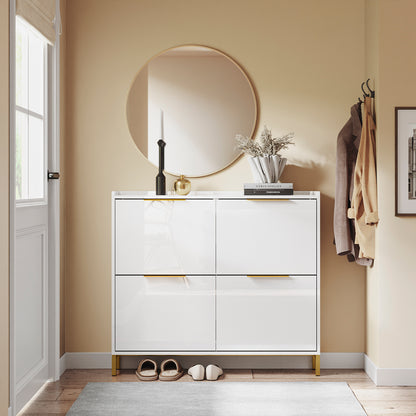 Vorverkauf | SoBuy | Schuhkipper Schmal | Schuhschrank | mit 4 Klappen | Hochglanz Weiß mit Goldgriffen | FSR206-GW