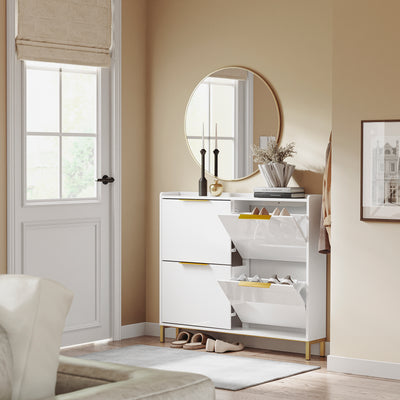 SoBuy | Schuhkipper Schmal | Schuhschrank | mit 4 Klappen | Hochglanz Weiß mit Goldgriffen | FSR206-GW