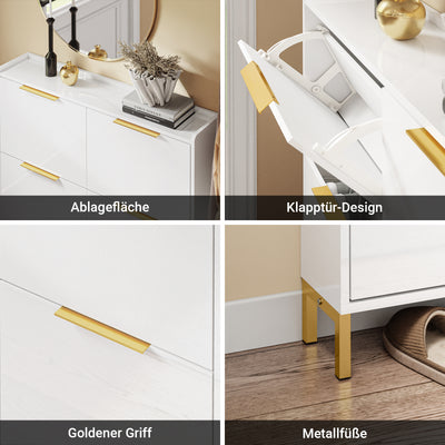 SoBuy | Schuhkipper Schmal | Schuhschrank | mit 4 Klappen | Hochglanz Weiß mit Goldgriffen | FSR206-GW