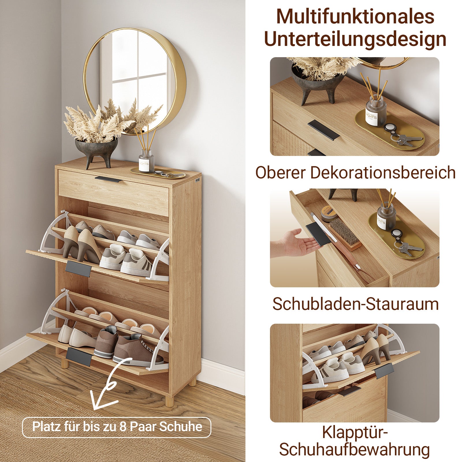 SoBuy Schuhschrank Schmal Holz 24cm breit | große Kapazität für Schuhe bis Größe 47 | Farbe Holz FSR212-N