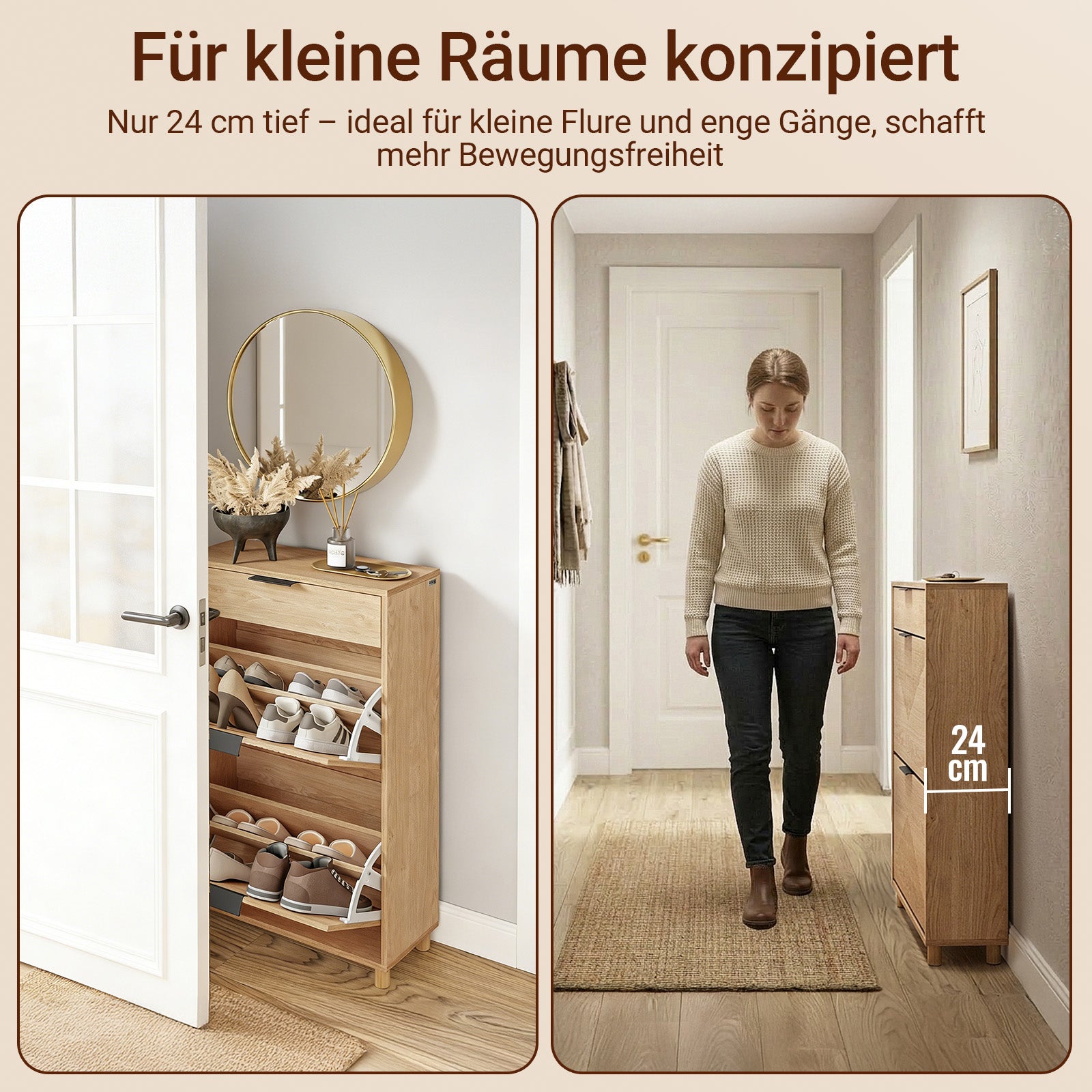 SoBuy Schuhschrank Schmal Holz 24cm breit | große Kapazität für Schuhe bis Größe 47 | Farbe Holz FSR212-N