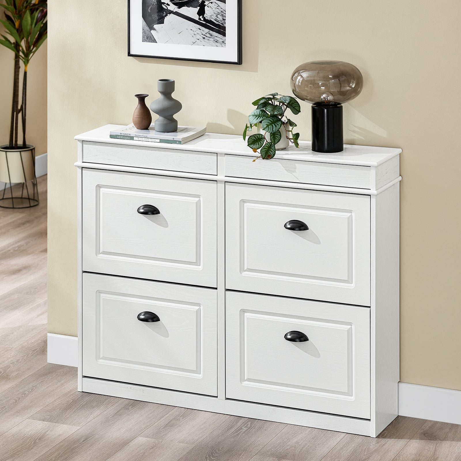 SoBuy | Schuhkipper | Schuhschrank mit 4 Klappen | Schuhkommode Weiß Vintage | FSR79-WG