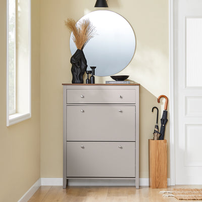 Vorverkauf | SoBuy | Schuhschrank Schmal | mit 2 Klappen & Schublade | Platz für 12 Paar Schuhe | Hellbraun | B80xT25xH108cm | FSR89-KA