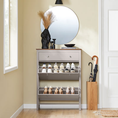 Vorverkauf | SoBuy | Schuhschrank Schmal | mit 2 Klappen & Schublade | Platz für 12 Paar Schuhe | Hellbraun | B80xT25xH108cm | FSR89-KA