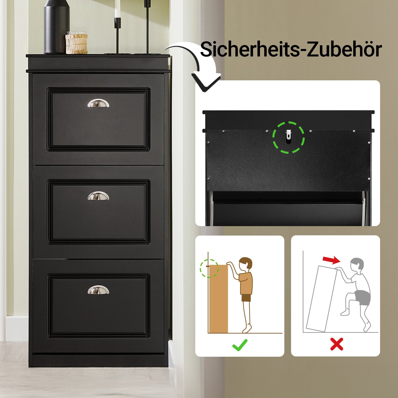 SoBuy | Schuhkipper | Schuhschrank mit 3 Klappen | Schuhkommode Schwarz | FSR94-SCH