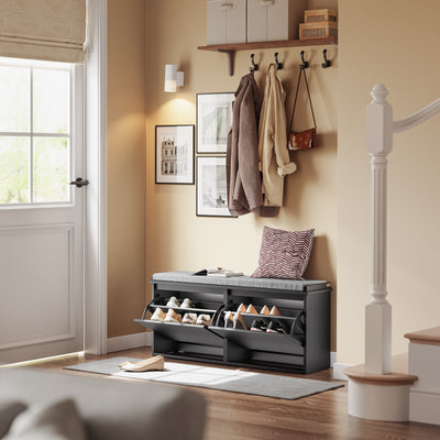 Vorverkauf | SoBuy | Schuhkipper | Schuhschrank mit 2 Klappen | Schuhbank mit Sitzkissen | Schwarz | FSR98-XL-SCH