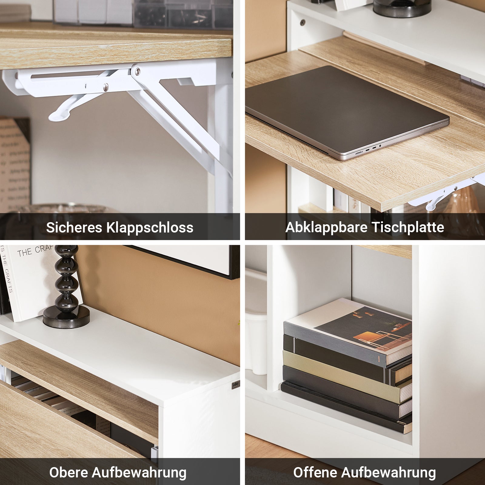 Vorverkauf | SoBuy | Klapptisch mit angebautem Schrank | Schreibtisch klappbar | Weiß/Natur | FWT104-WN