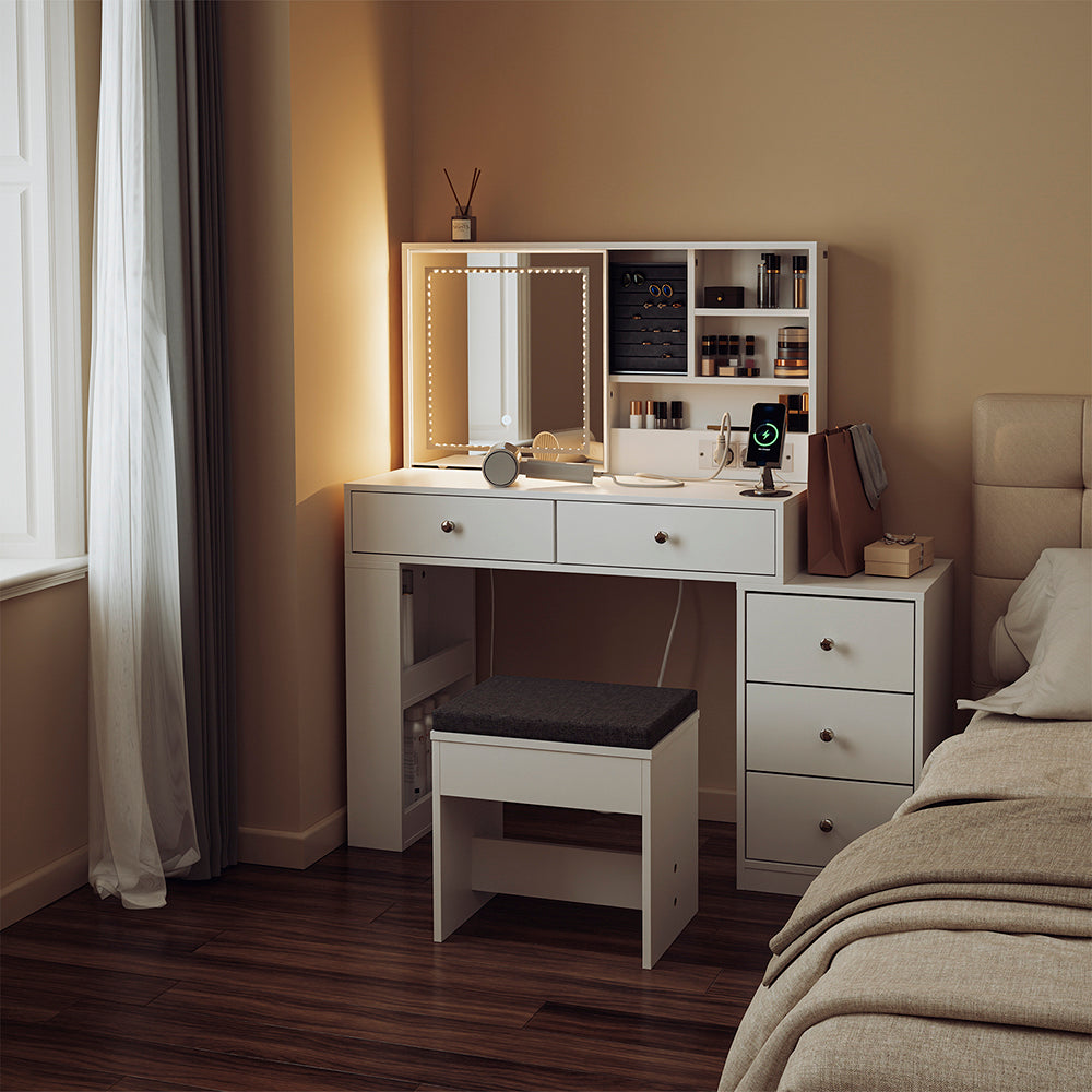 SoBuy Schminktisch mit LED-Beleuchtung, Ladestation und Hocker FWT114-E-W