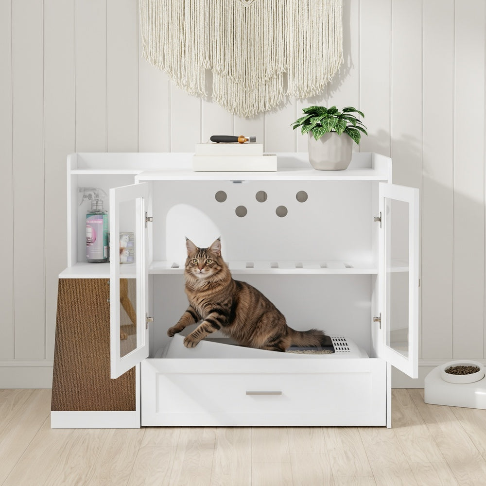 SoBuy Katzentoilettenschrank Katzenklo-Schrank in Weiß mit Schublade 98×60×80 cm HAT02-L-E-W