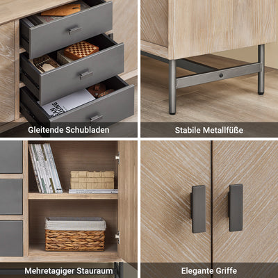 SoBuy | Sideboard Kommode Küchenschrank | 3 Schubladen & 3 Türen | vormontiert & stabil | Gummibaumholz | HFSB05-N