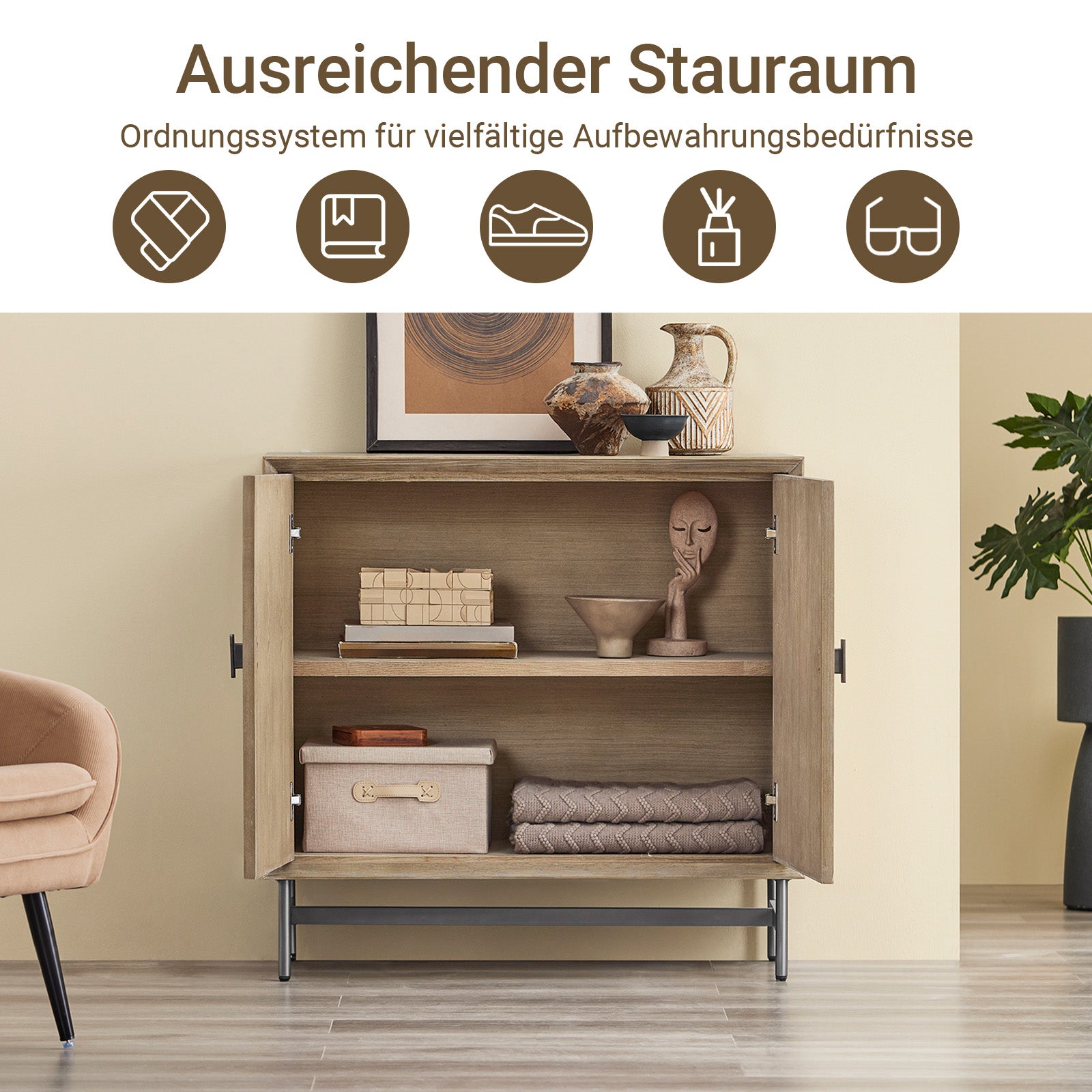 SoBuy | Sideboard Kommode Küchenschrank | vormontiert & stabil | 2 Türen | Gummibaumholz | HFSB06-N