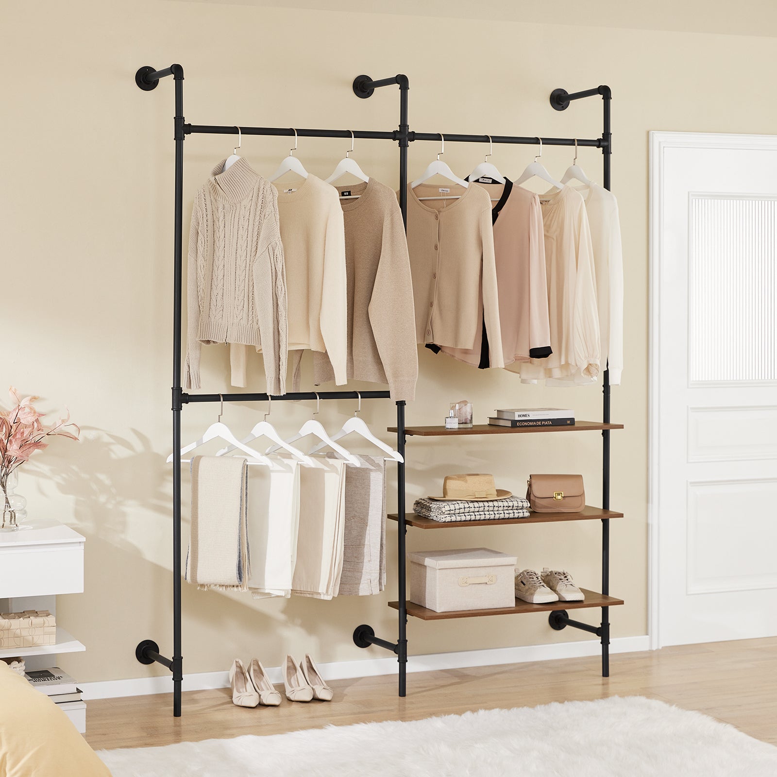 SoBuy | Kleiderstange festes Rohr-Kleiderregal | mit 3 Kleiderstangen & 3 Ablagen | Schwarz | KLS18-SCH