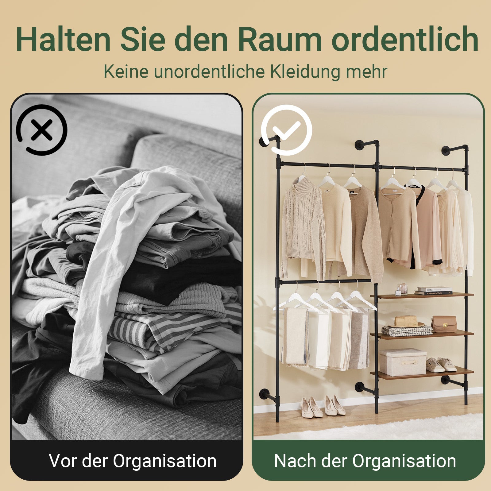 SoBuy | Kleiderstange festes Rohr-Kleiderregal | mit 3 Kleiderstangen & 3 Ablagen | Schwarz | KLS18-SCH