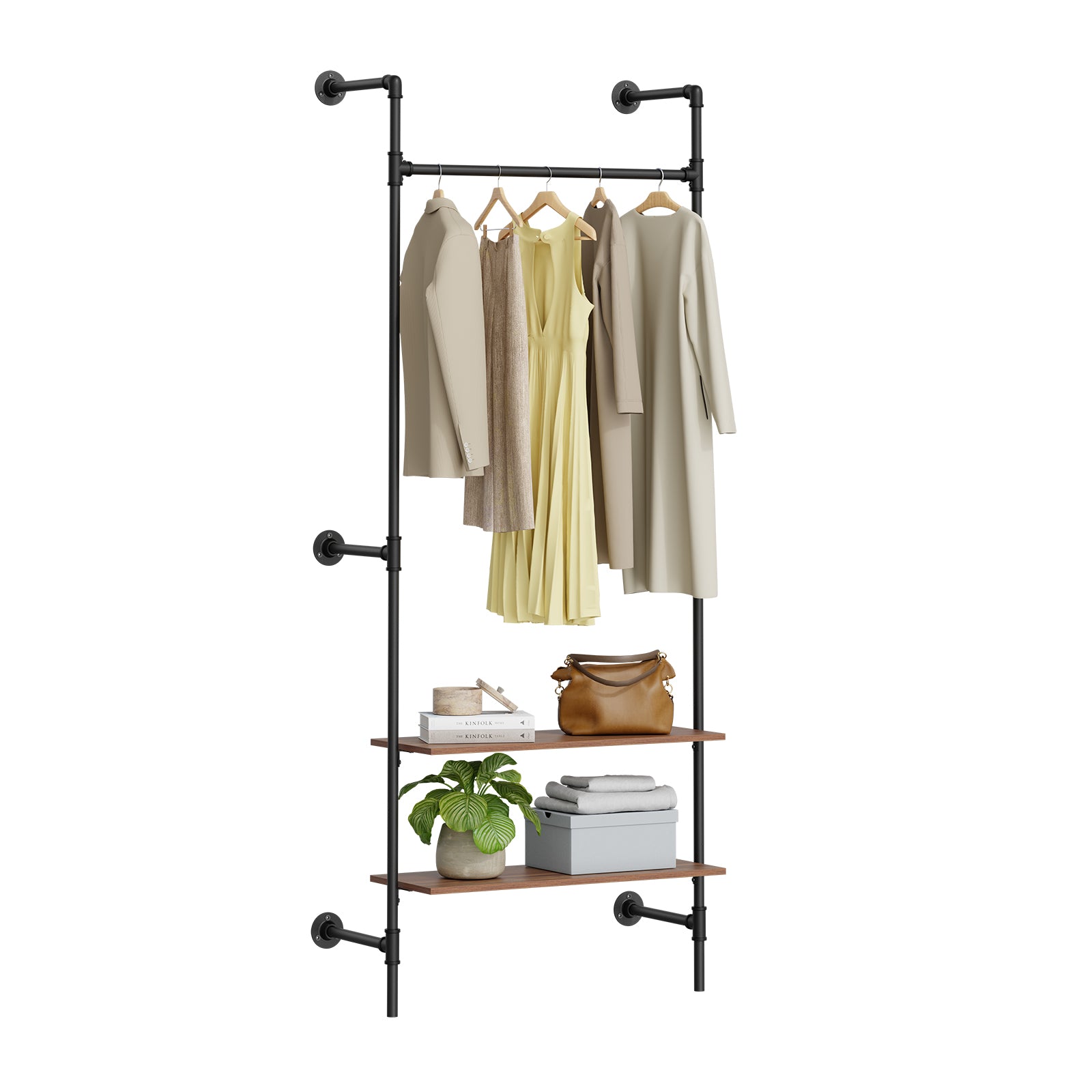 SoBuy Kleiderstange Wandmontage mit 2 MDF Regalböden 45kg Tragkraft  Schwarz KLS20-SCH