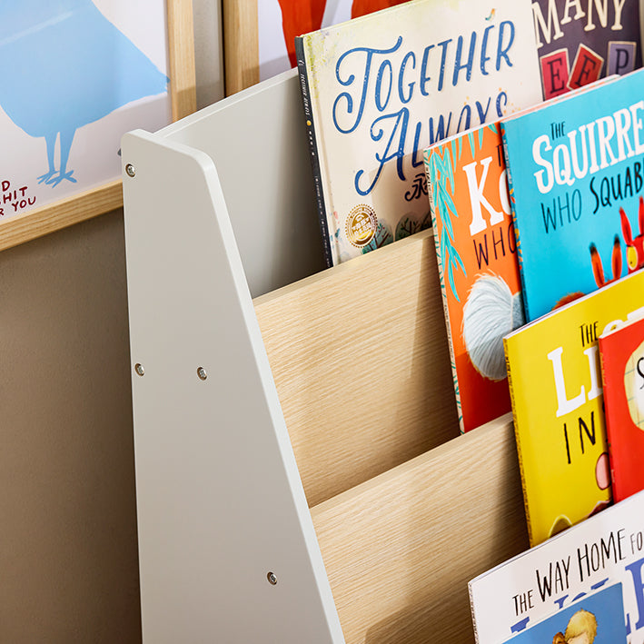 SoBuy | Kinderbücherregal | Zeitungsständer | Aufbewahrungsregal für Kinder | Grau/Natur | KMB106-HG