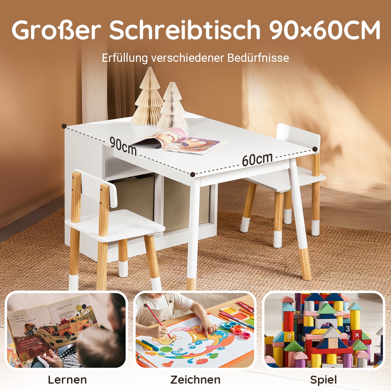 SoBuy | Kindertisch mit 2 Stühlen | Kindersitzgruppe mit Stauraum | Spieltisch | Tisch Stuhl Set | Weiß | KMB113-W
