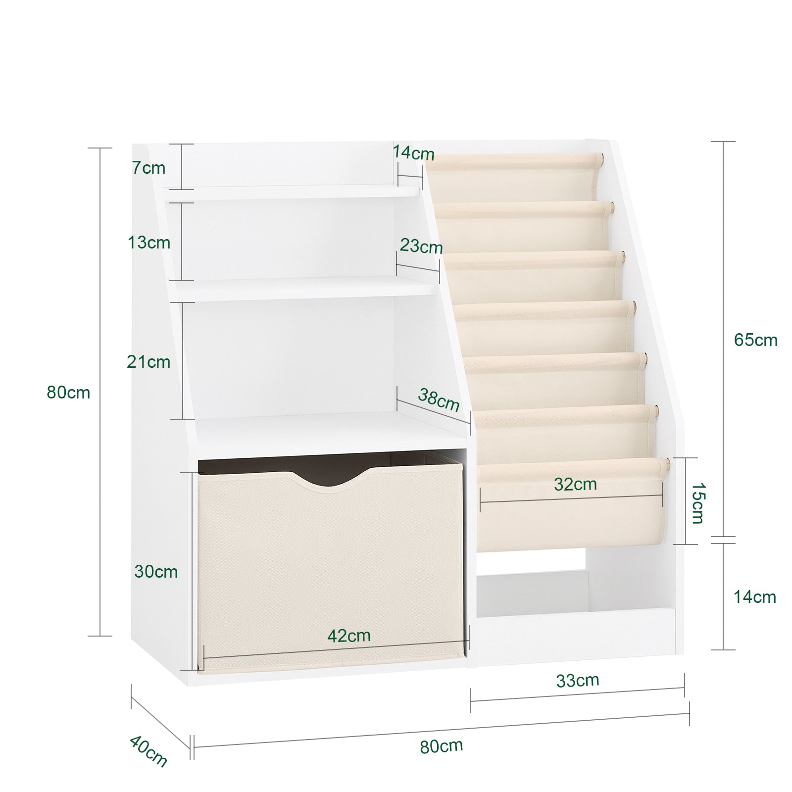SoBuy | Montessori Bücherregal Kinder | Kinderregal mit Stofftaschen | Weiß | KMB119-W