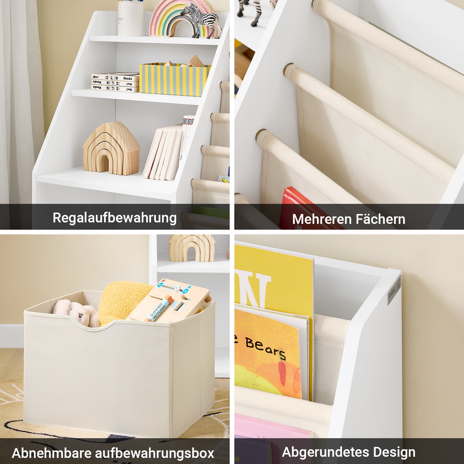 SoBuy | Montessori Bücherregal Kinder | Kinderregal mit Stofftaschen | Weiß | KMB119-W