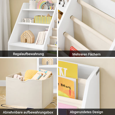 SoBuy | Montessori Bücherregal Kinder | Kinderregal mit Stofftaschen | Weiß | KMB119-W