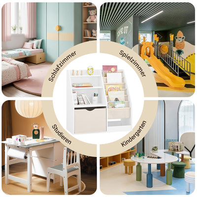 SoBuy | Montessori Bücherregal Kinder | Kinderregal mit Stofftaschen | Weiß | KMB119-W