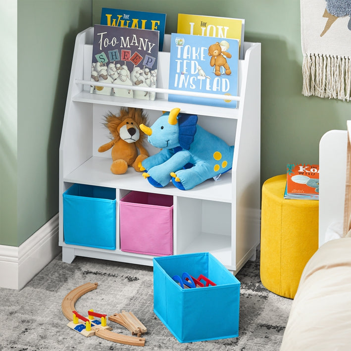 SoBuy | Bücherregal Kinder | Kinderregal mit 3 Boxen | Spielzeugregal | Weiß-Blau&Rosa | KMB34-F