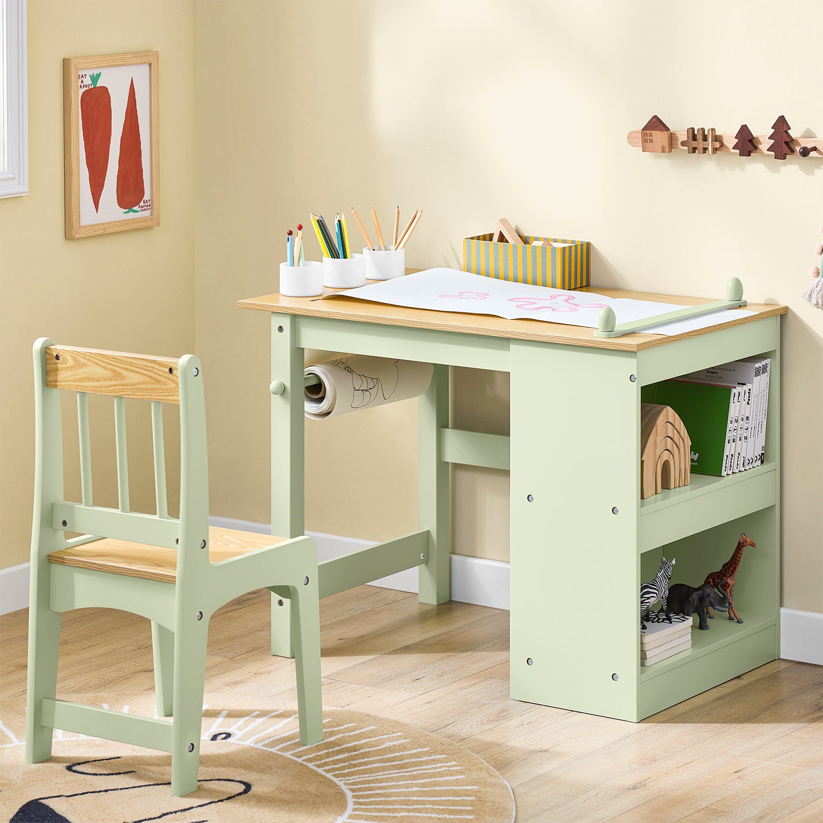 Vorverkauf | SoBuy | Kindertisch mit 1 Stuhl | Kindersitzgruppe | mit 1 Papierrollenhalter | Maltisch für Kinder | Grün | KMB60-GR